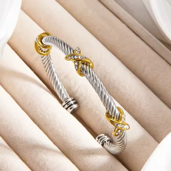 Two-Tone Silver and Gold Twisted Cable Cuff with Crystal Knots - Picture 6 of 6